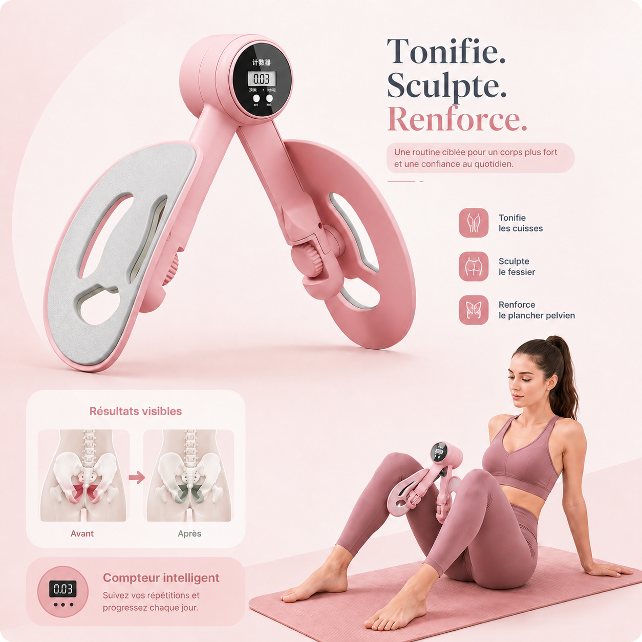 Appareil de Fitness pour Cuisses & Fessiers – Renforcement Plancher Pelvien avec Compteur Numérique LCD | Femmes & Hommes - Univers Maroc