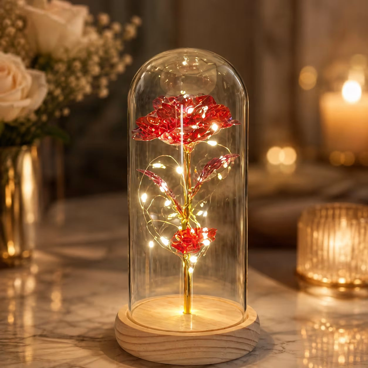 Rose Éternelle sous Cloche LED – Un Cadeau Magique & Intemporel Univers Maroc