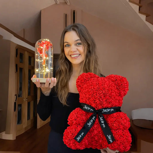 Pack Cadeau Premium : 🎁 Ours en Roses + Lampe Rose sous Cloche 🎀 - Univers Maroc